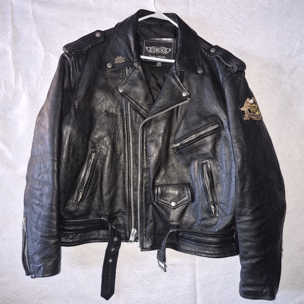 Vintage UNIK Heavyweight Leather Motorcycle Jacket Size 48 Biker